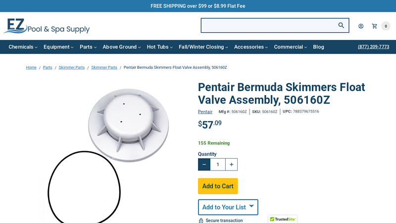Pentair Bermuda Skimmers Float Valve Assembly, 506160Z