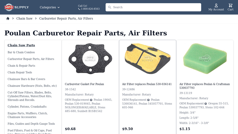 Poulan Carburetor Repair Parts, Air Filters