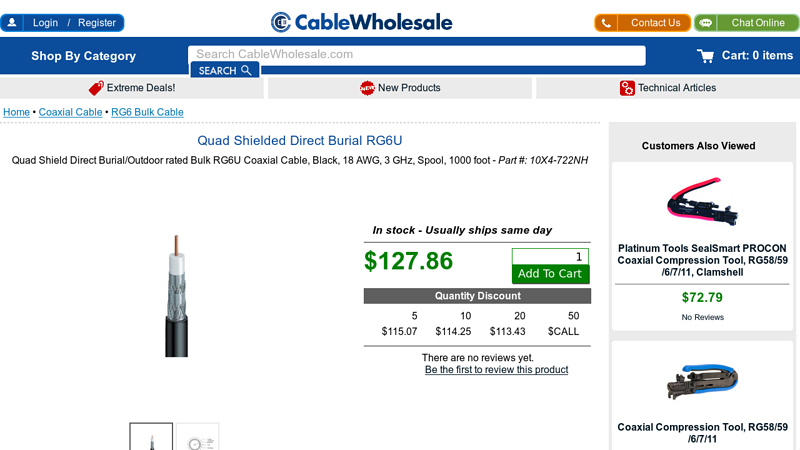 Quad Shield Direct Burial RG6U, 18 AWG, 3 GHz, Spool, 1000ft