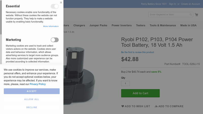 Ryobi P102, P103, P104 Power Tool Battery, 18 Volt 1.5 Ah