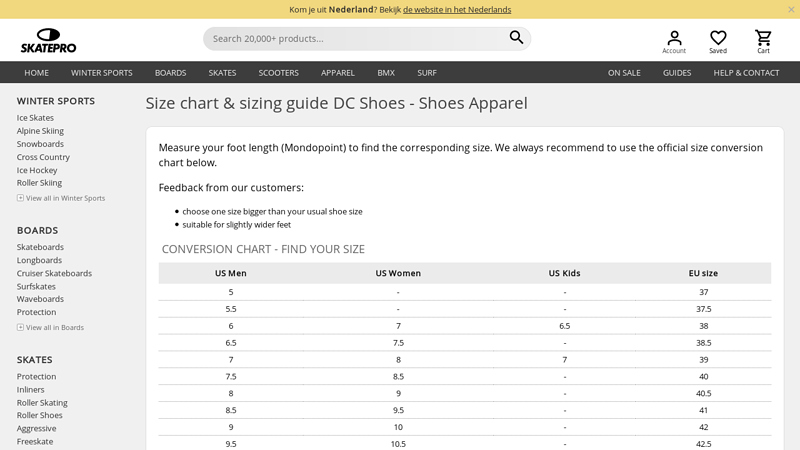 Size chart & sizing guide DC Shoes