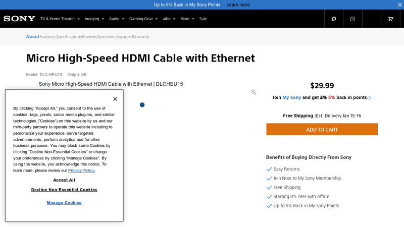 Sony Micro High-Speed HDMI Cable with Ethernet