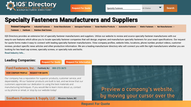 Specialty Fastener Manufacturers Suppliers