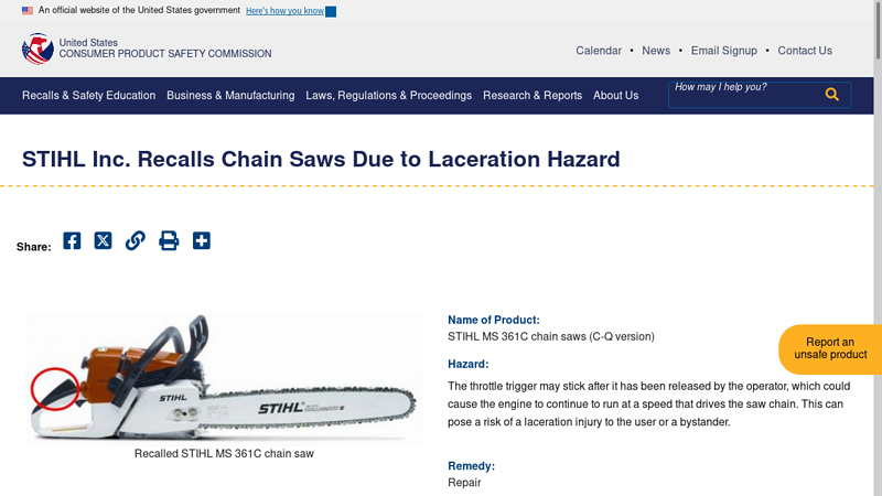 STIHL Inc. Recalls Chain Saws Due to Laceration Hazard