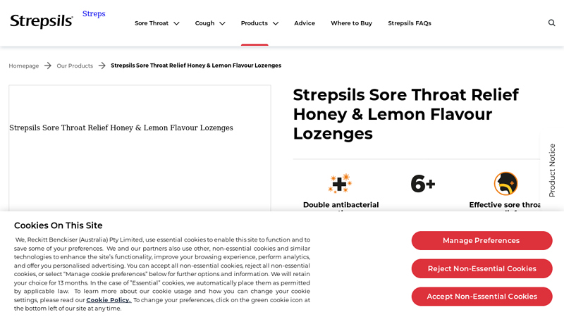 Strepsils Sore Throat Relief Honey & Lemon Flavour Lozenges