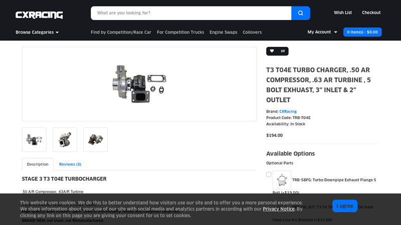 T3 T04E Turbo Charger, .50 AR Compressor, .63 AR Turbine , 5 Bolt ...