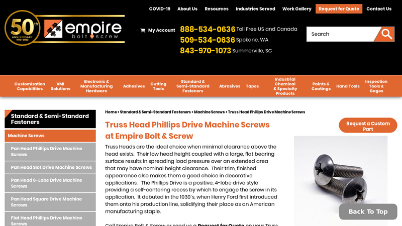 Truss Head Phillips Drive Machine Screws at Empire Bolt & Screw