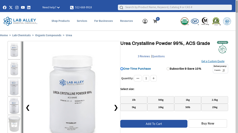 Urea Crystalline Powder 99%, ACS Grade