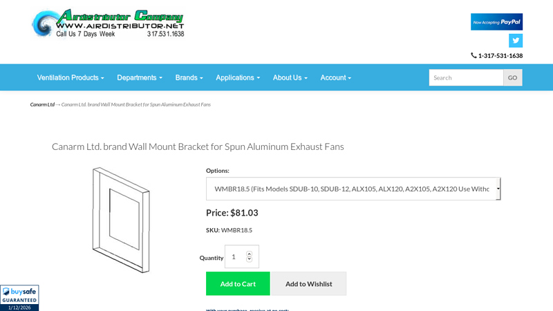 Wall Mount bracket for Canarm Spun Aluminum Wall Exhaust Fans