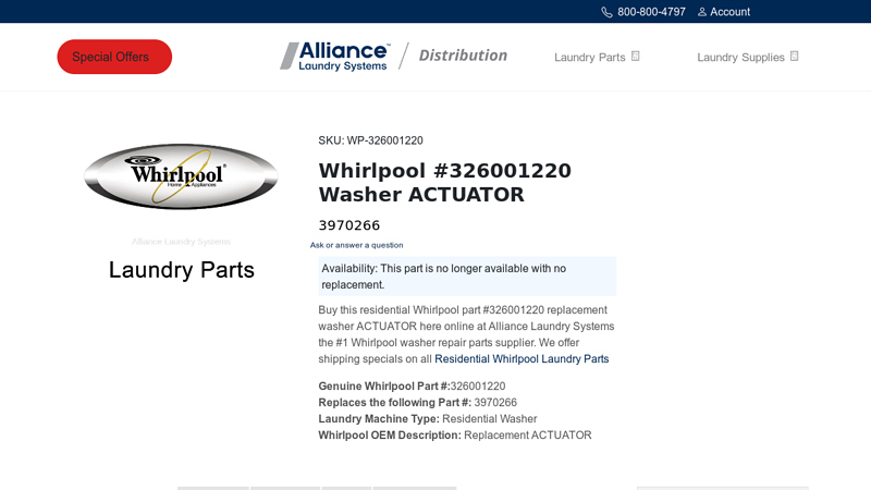Whirlpool #326001220 Washer ACTUATOR